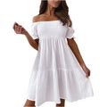 Jamicy White Dress Fashion Women's One Shoul Solid Color Loose Casual Backless Short Sleeve Dress Clearance