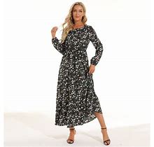 Women's Dress Womens Casual Long Sleeve Floral Printed Ruffle Flowy Temperament Long Dress Black XL