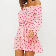 Prettylittlething Dresses | Pretty Little Thing Dusty Pink Polka Dot Bardot Tie Waist Shift Dress | Color: Pink | Size: 8