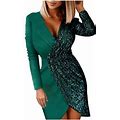 Womens Dresses Ladies Fall And Winter V Neck Long Sleeved Stitching Sequin Evening Dresses For Women Elegant