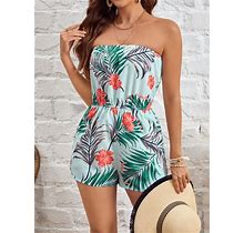 Women's Tropical Printed Strapless Jumpsuit,M