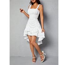 Women's Sleeveless Asymmetrical Ruffle Hem Pleated Dress,Petite L