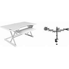 46" Large Adjustable Standing Desk Converter/Triple Monitor Mount Bundle - White, Black, Desk Organizers, By Rocelco