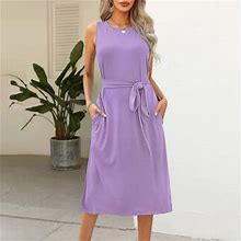 Juranmo Clothing Clearance Maxi Dresses For Women Casual Sleeveless Crew Neck Tunic Long Dress Slim Fit Solid Split Midi Dress Cozy Side Bow Tie Busin
