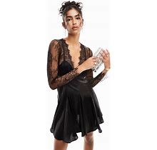 ASOS DESIGN Satin Cut-Out Waist Mini Dress With Lace Detail In Black - Black (Size: 0)