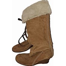 Nine West Soft Brown Suede Leather Tall Wedge Boots Size 7m Faux Fur