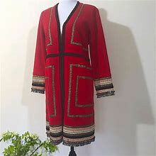 Chico's Jackets & Coats | Red Knit Jacket Trimmed With Gold And Braid | Color: Red | Size: 10