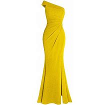 Fazadess Womens Ruched One Shoulder Side Split Slim Formal Evening Party Dress Gold Yellow, Small