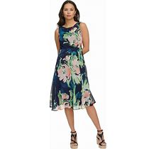 Dkny Petite Printed Boat-Neck Side-Ruched Dress - Navy Multi