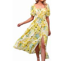 Meetrendi Women's 2024 Spring Summer Boho Floral Midi Dress Square Neck Puff Short Sleeve Casual Split Beach Long Dress