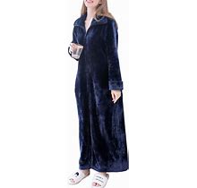 Women's Fleece Robe Plush Long Zip Front Bathrobe With Pockets Warm Soft Zippered Bathrobes For Women,Navy Blue,L