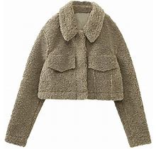 Lovskoo Womens Spring Fall Clothes Teddy Shacket Jacket Fuzzy Lapel Button Down Cropped Coat Winter Outerwear Khaki