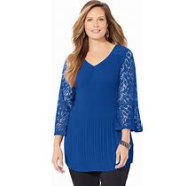 Plus Size Women's Pleated Lace Bell Sleeve Blouse By Catherines In Dark Sapphire (Size 3X)