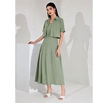 2Pcs/Set Women's Button-Up Short Sleeve Top And Sleeveless Dress,XL
