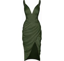 ZAFUL Women's Silky Pleated Draped Bustier Corset-Style Deep V Neck Midi Dress