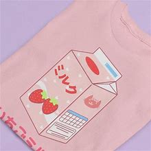 Gildan Japanese Strawberry Milk T-Shirt Kawaii Clothing Harajuku Tee Aesthetic Shirt Pa - New Men | Color: Pink | Size: L