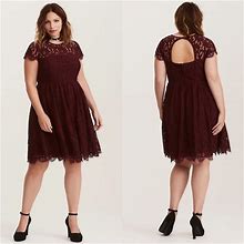 Torrid Dresses | Torrid Lace Open Back Skater Dress In Burgundy Size 24 | Color: Purple/Red | Size: 24