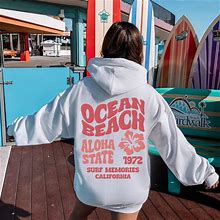 Ocean Beach Hoodie, Pinterest Trendy Clothing, Aloha Hawaii White Hoodie, Cute Surf Sweatshirt, Preppy Y2K Gildan Hoodie, Words On Back