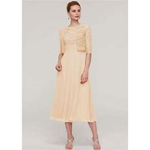 STACEES Tea-Length Chiffon Mother Of The Bride Dress STACEES Mother Of The Bride Dress With Lace Jacket - Champagne