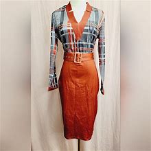 Chicme Dresses | Women's Long Sleeve V-Neck Belted Midi Length Dress-(X-Large)Nwot | Color: Orange/Red | Size: Xl