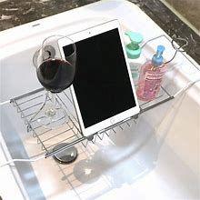 BDL Bathtub Caddy Tray Expandable Bath Tub Tray Table With Wine Holder, Free Soap Dish And Laptop Reading Rack, Bathtub Tray For Home (Silver)