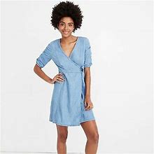 Madewell Petite Denim Shirred-Sleeve Wrap Dress In Elsworth Wash Size