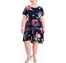Robbie Bee Plus Size Printed Tied-Side Fit & Flare Dress - Navy/Pink/