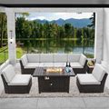 8 Pieces Outdoor Patio Furniture Set With 46" Propane Fire Pit Table, Brown PE Wicker Patio Furniture Sectional Sofa, 55,000 BTU Auto-Ignition