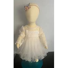 Elegant Lace Beaded Embroidered Long Sleeve Christening Baptism Dress Special Occasion