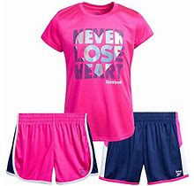 Reebok Girls Activewear Set Short Sleeve Performance Tshirt And Gym Shorts Kids Clothing Set 3 Piece Size 12 Pink Glownavypink, Pink Glow/Navy/Pink