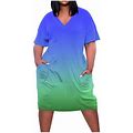 Summer Dress Saving! Dresses For Women Plus Size V Neck Casual Sundresses Pocket Knee Short Sleeve With Pockets Blue XL