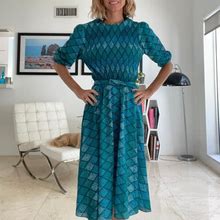 80S Geometric Turquoise Diamond Printed Pleated Dress With Puff Sleeves