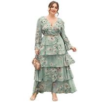 Women Plus Size Maxi Dresses Long Sleeve Floral Party Evening V Neck Clothing