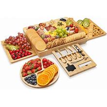 Cheese Board Knife Set, Large Charcuterie Board Set With 3 Hidden Slid-Out Drawers, Unique Bamboo Cheese Platter Board, Sibaok Wooden Cheese Tray