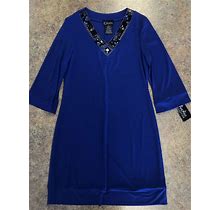 K Studio Collection Women's Blue Beaded Knee Length Long Sleeve Dress Size 10