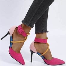 Lhked Women's Casual Velvet Bun Head Color Block Strap High Heel Buckle Sandals Party Dress Shoes 7