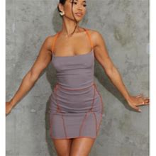 Prettylittlething Dresses | Lace Up Back Bobycon Dress | Color: Gray/Orange | Size: Xl