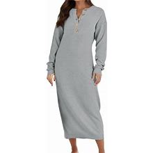 Womens Fall Dresses 2023 Petite Sweater Maxi Dress Long Sleeve Button V Neck Oversized Casual Loose Knit Sweater Dress Grey M
