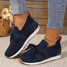 Solid Color Sneakers, Women's Knitted Sports Breathable Lace Up Low Top Running Lightweight Athletic Trainer Sneakers,Navy Blue,Editor Choice,Temu