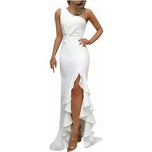 Women One Shoulder Sleeveless Maxi Long Dress Casual Summer High Split Ruffle Dresses Ruched Cocktail Party Long Dress