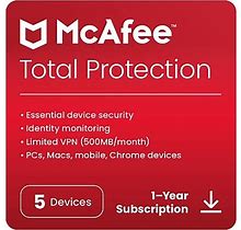 Mcafee Total Protection For 5 Users, Windows/Mac/Android/Ios/Chromeos, Download (MTP21EUS5RAAD)