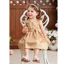 Baby Girl's Sleeveless Floral Jacquard Dress In Champagne Color, Perfect For Daily And Casual Wear, Spring And summer,18-24m
