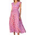 Summer Cotton Dress For Women's Casual Polka Dots Boho Dress Print Ruffle Sleeve High Waist Midi Beach Dresses
