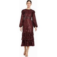 Mac Duggal Long Sleeve Ruffle Detail Sequin Dress In Burgundy, Size 12
