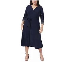Msk Women Womens Navy Embellished Tie Unlined Pullover 3/4 Sleeve V Neck Midi Formal Fit + Flare Dress Plus 2X