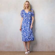Women's LC Lauren Conrad Floral Print Pleated Empire Waist Chiffon V-Neck Midi Dress, Size: Small, Med Blue