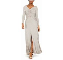 Eliza J Womens Beige Ruched Slitted Glitter Long Sleeve V Neck Full-Length Evening Dress 10