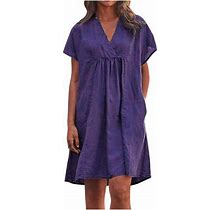 Uppada Summer Folds Dresses For Women, Womens Plus Size Cotton Linen Mini Dresses Short Sleeve V Neck Pockets Loose Dress
