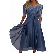 Prolriy Cocktail Dress Women's Tea Length Embroidery Lace Chiffon Dress Mock Dress Party Dresses For Women 2023 New Years Eve Dress Blue L