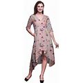 Bimba Cotton Pink Leaves & Rose Floral Printed Short Sleeve Classic Midi Dress With Pockets Asymmetrical Shift Dress-Xsmall